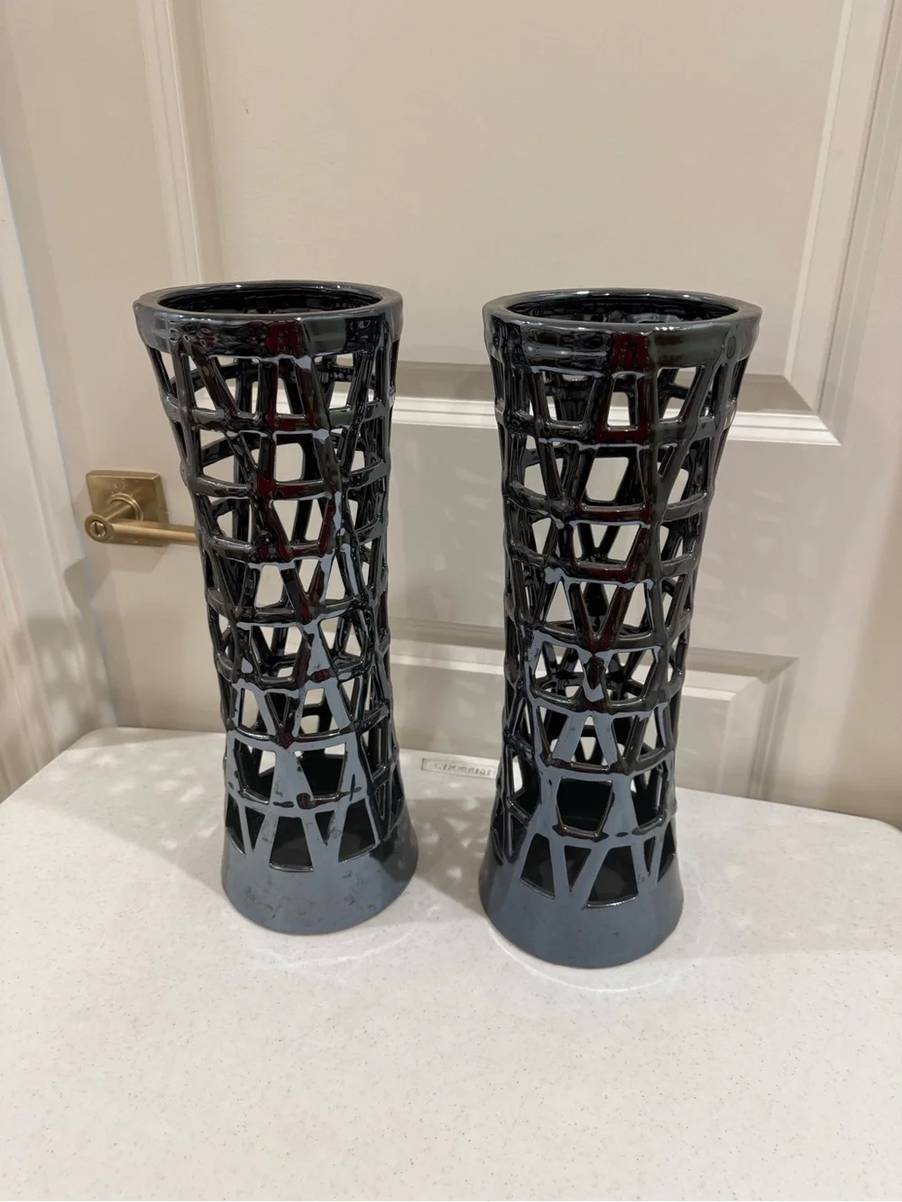 Glossy Blue Metallic Lattice Ceramic Vase Set ~ 16” H x 5.5” W